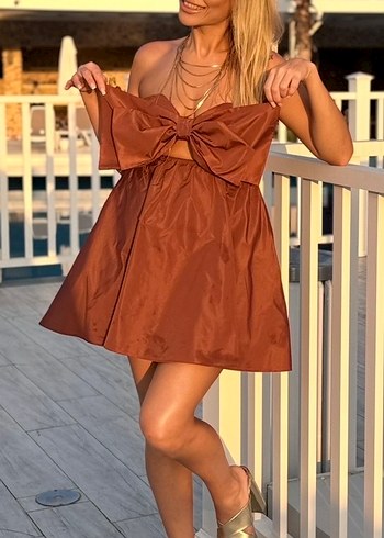 Kahverengi Straplez Mini Elbise - Görsel 2