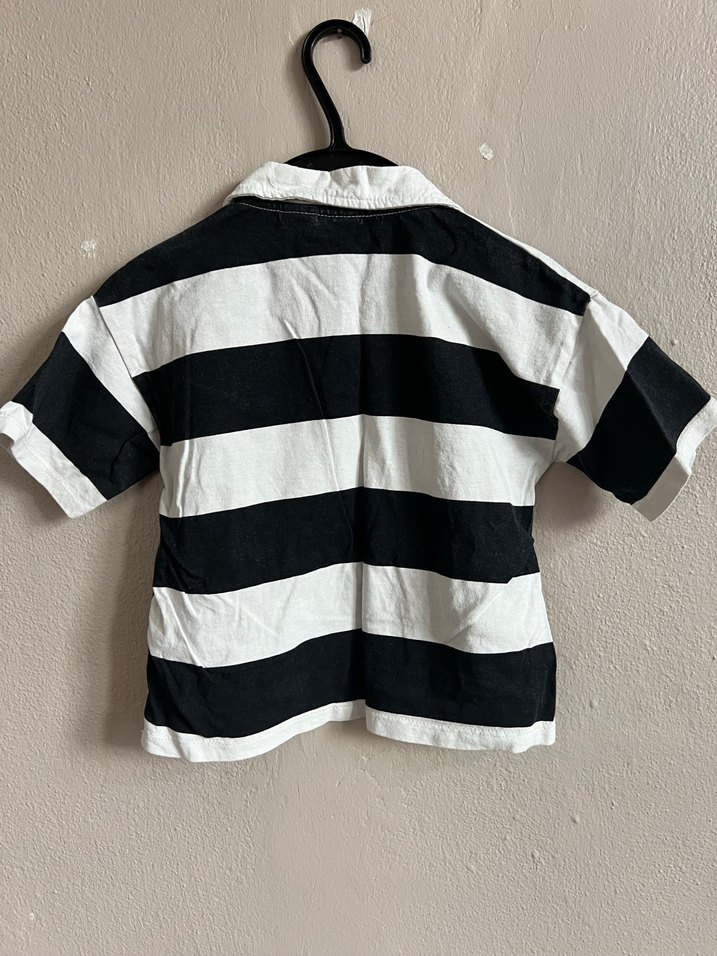 Erkek Çocuk Siyah Beyaz Çizgili Polo Tişört - Görsel 2