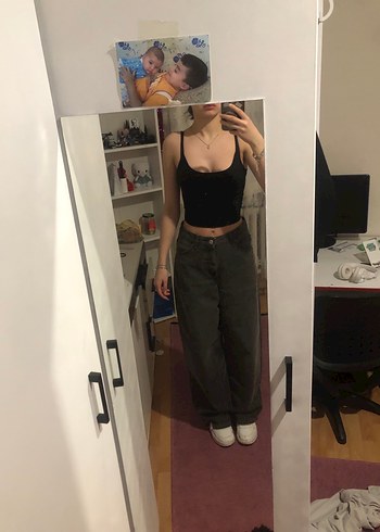 Zara Zarakoyu Gri Yuksek Bel Genis Paca Jean
