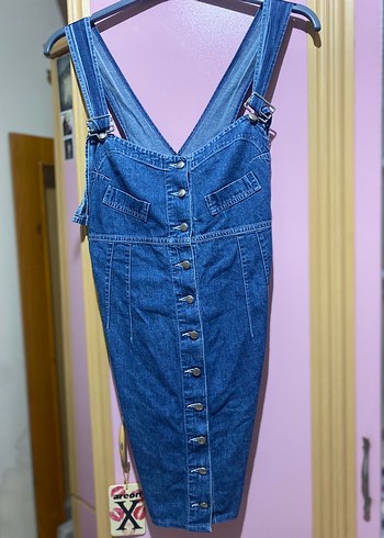 Düğmeli Lacivert Denim Kısa Tulum