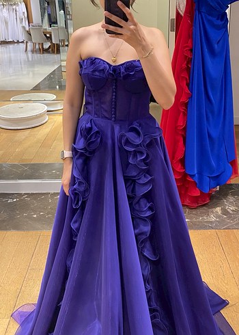 Mor Straplez Uzun Kollu Fırfırlı Kadın Elbise - Görsel 2