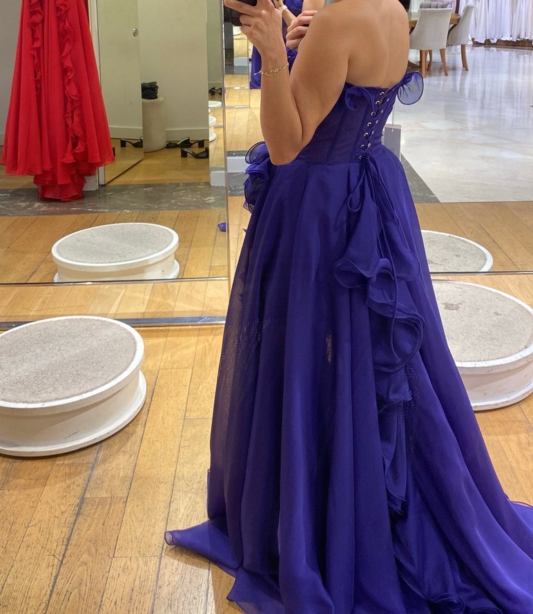 Mor Straplez Uzun Kollu Fırfırlı Kadın Elbise - Görsel 3