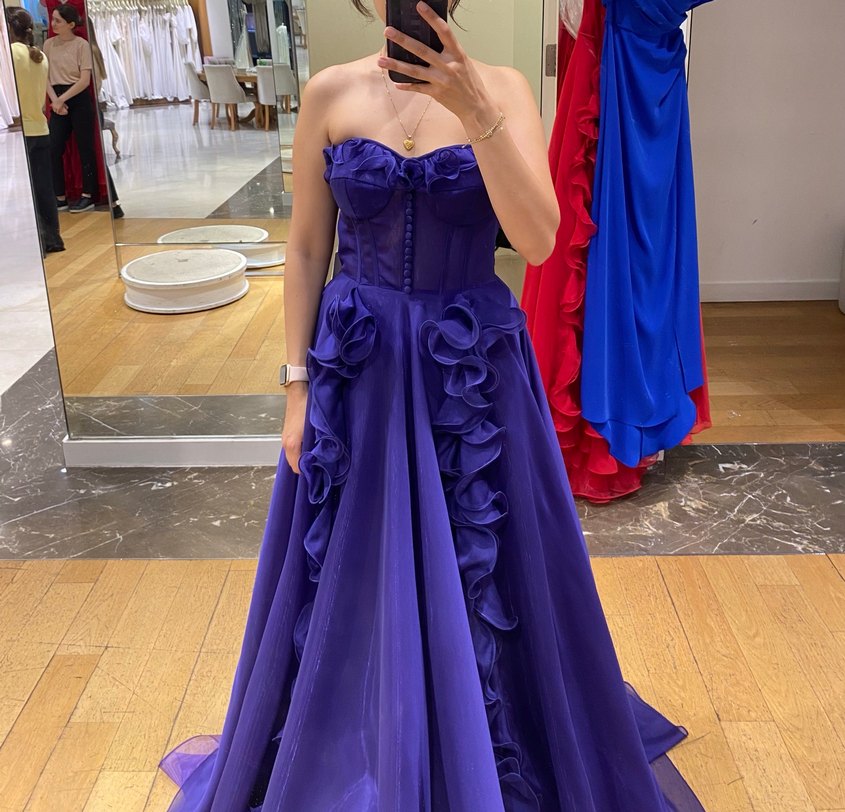 Mor Straplez Uzun Kollu Fırfırlı Kadın Elbise - Görsel 2