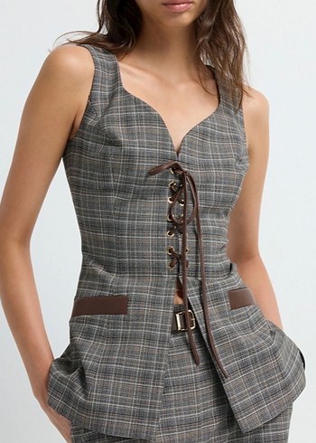 Kahverengi Ekose Kemerli Midi Yelek - Görsel 4