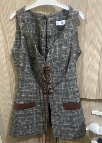 Kahverengi Ekose Kemerli Midi Yelek - Görsel 2