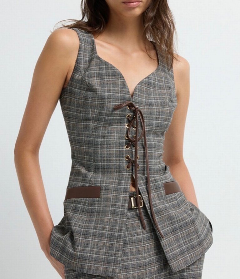 Kahverengi Ekose Kemerli Midi Yelek - Görsel 4