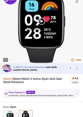 Xiaomi Redmi Watch 3 Active Siyah Akıllı Saat