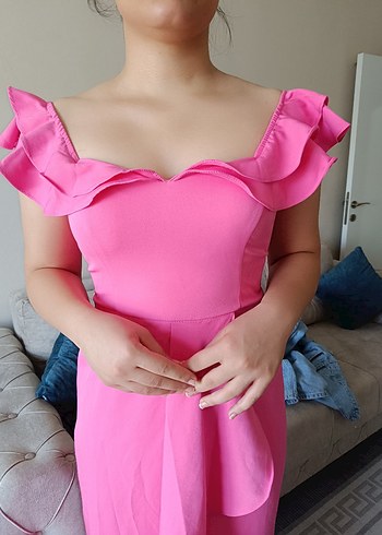 Pembe Uzun Fırfırlı Straplez Elbise - Görsel 7