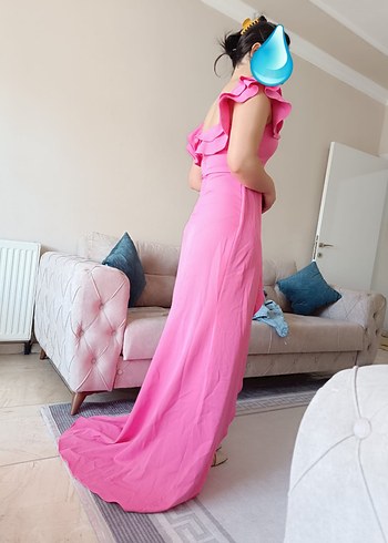 Pembe Uzun Fırfırlı Straplez Elbise - Görsel 5