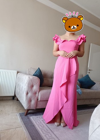 38 Beden pembe Renk Pembe Uzun Fırfırlı Straplez Elbise