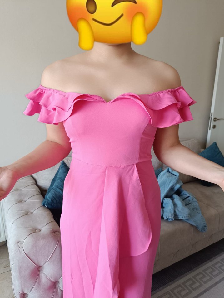 Pembe Uzun Fırfırlı Straplez Elbise - Görsel 2