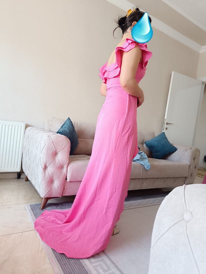 Pembe Uzun Fırfırlı Straplez Elbise - Görsel 5