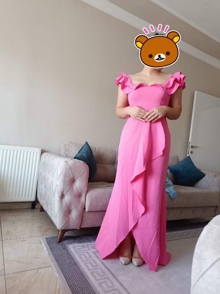 Pembe Uzun Fırfırlı Straplez Elbise - Görsel 4