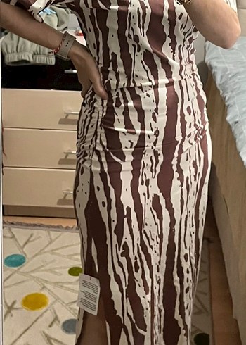 Kadın Kahverengi Zebra Desenli Uzun Elbise
