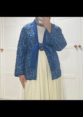 Uzun Lacivert Bağlamalı Bohem Kimono - Görsel 3