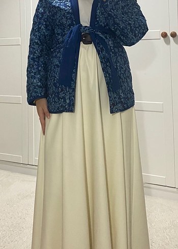 Uzun Lacivert Bağlamalı Bohem Kimono - Görsel 4