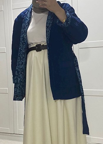 Uzun Lacivert Bağlamalı Bohem Kimono - Görsel 2