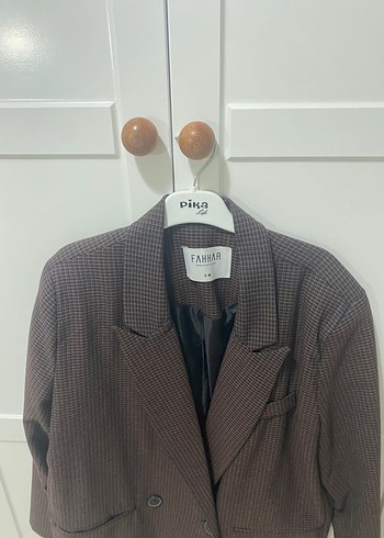 Düğmeli Ekoseli Kadın Kahverengi Blazer Ceket - Görsel 3