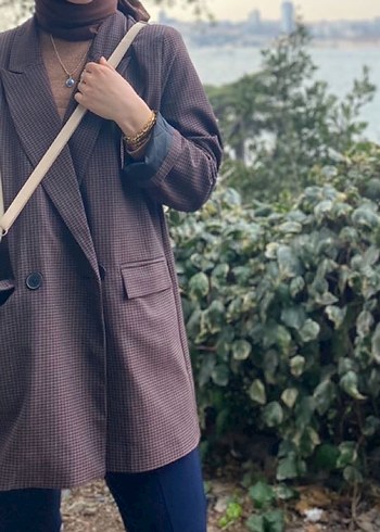 Düğmeli Ekoseli Kadın Kahverengi Blazer Ceket - Görsel 2