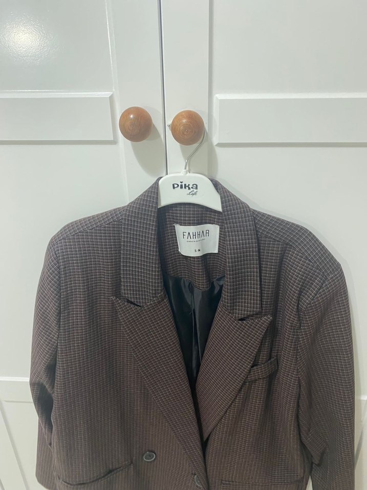 Düğmeli Ekoseli Kadın Kahverengi Blazer Ceket - Görsel 3