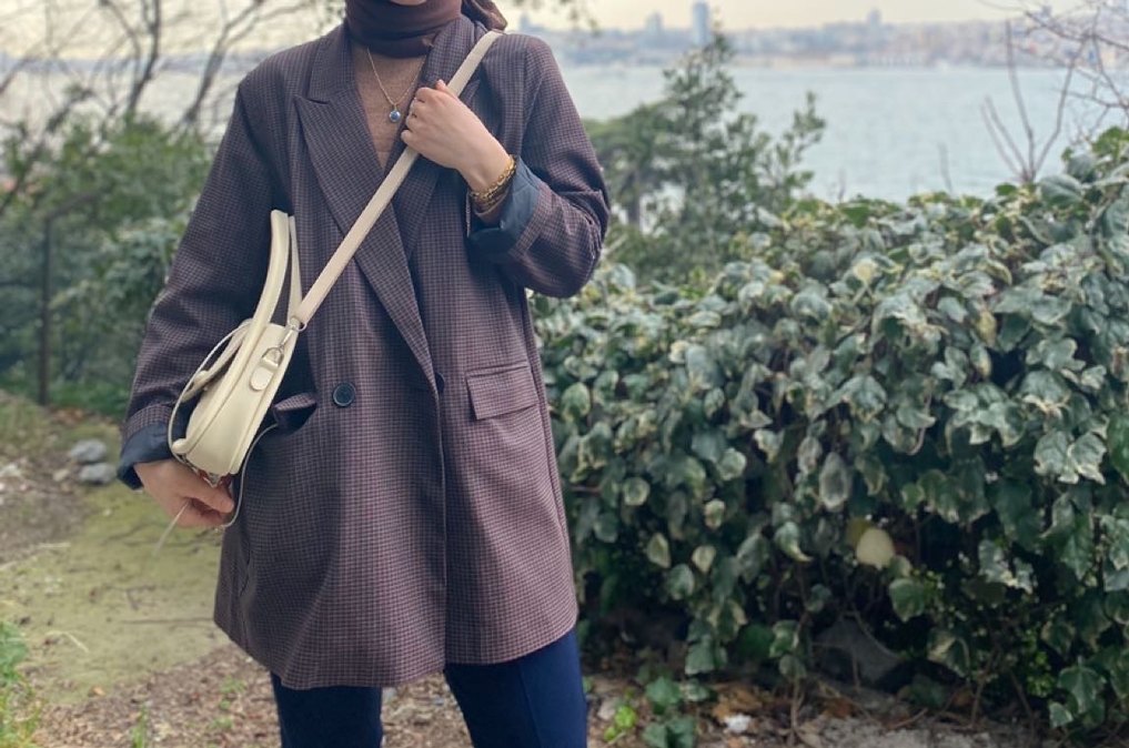 Düğmeli Ekoseli Kadın Kahverengi Blazer Ceket - Görsel 2