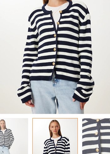 Düğmeli Çizgili Kadın Denim Hırka