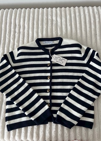 universal Beden Düğmeli Çizgili Kadın Denim Hırka