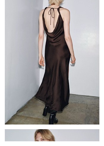 Zara Kahverengi Drapeli Uzun Saten Elbise - Görsel 3