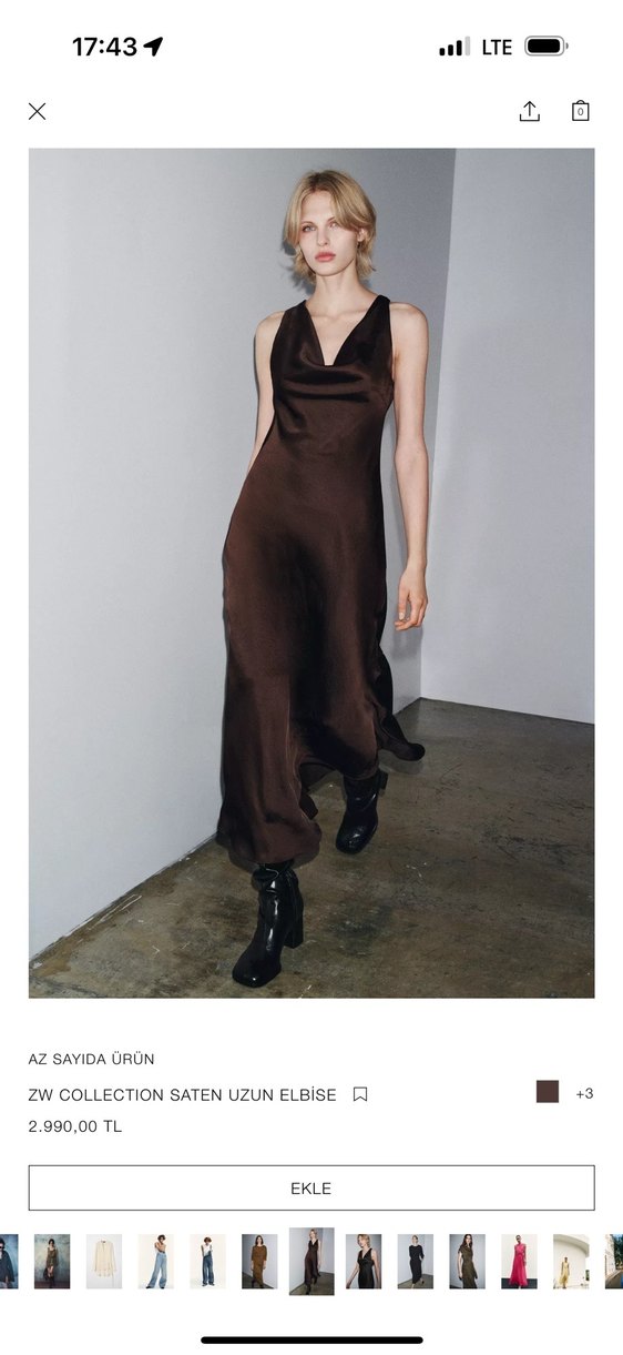Zara Kahverengi Drapeli Uzun Saten Elbise - Görsel 5