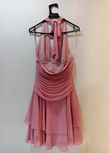 Pembe Drapeli V Yakalı Mini Abiye Elbise - Görsel 2