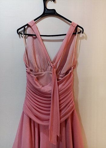 Pembe Drapeli V Yakalı Mini Abiye Elbise - Görsel 3