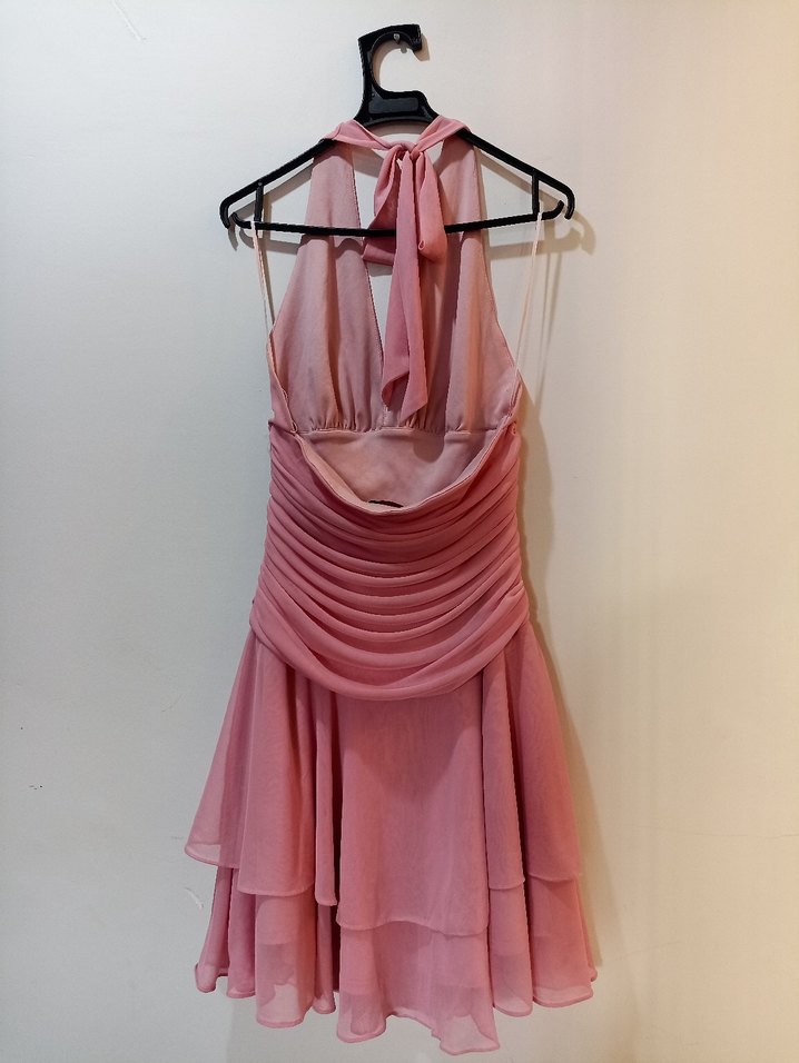 Pembe Drapeli V Yakalı Mini Abiye Elbise - Görsel 2