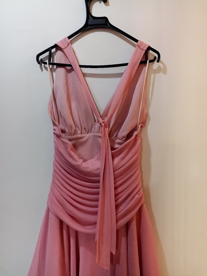 Pembe Drapeli V Yakalı Mini Abiye Elbise - Görsel 3