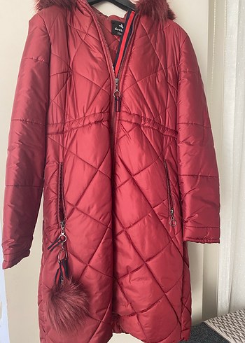 Bordo Parlak Kürklü Midi Kadın Kışlık Mont - Görsel 2