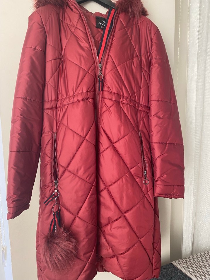 Bordo Parlak Kürklü Midi Kadın Kışlık Mont - Görsel 2