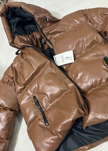 Kahverengi Deri Kadın Kışlık Mont - Görsel 10