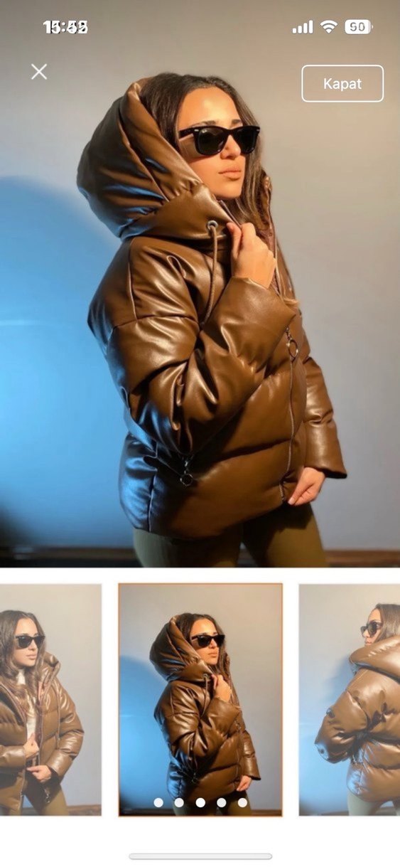 Kahverengi Deri Kadın Kışlık Mont - Görsel 3
