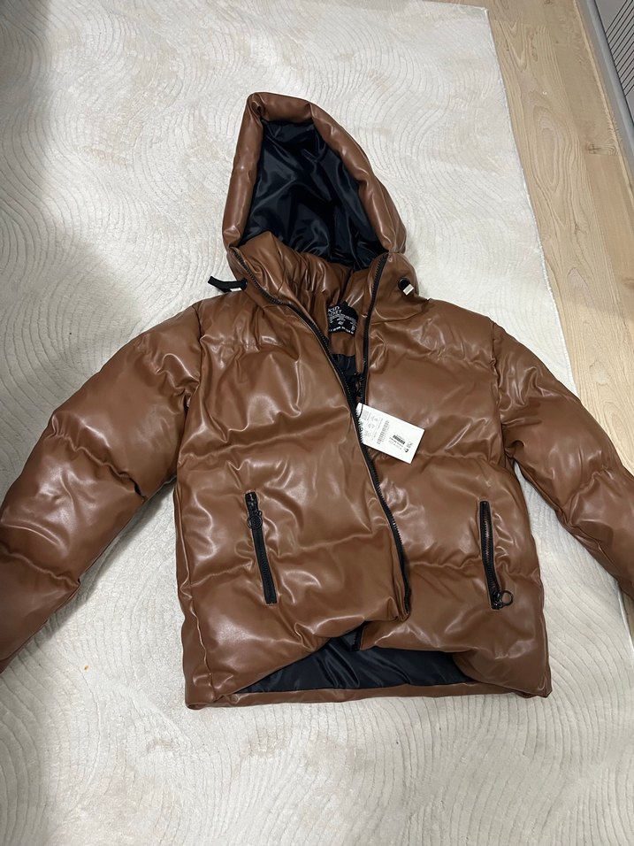 Kahverengi Deri Kadın Kışlık Mont - Görsel 5