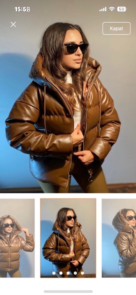 Kahverengi Deri Kadın Kışlık Mont - Görsel 2