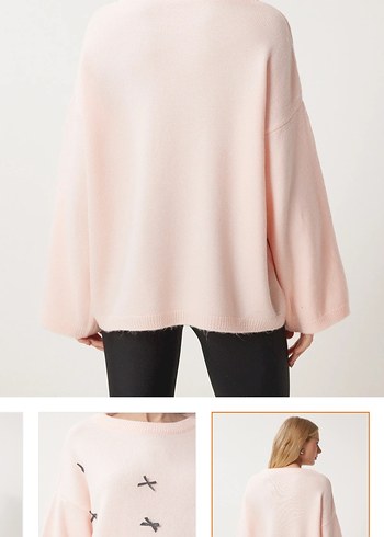 Nakış Detaylı Pembe Örgü Kadın Kazak - Görsel 3