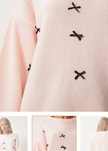 Kazak Pembe Nakışlı Salaş Kadın Triko Kazak - Görsel 2