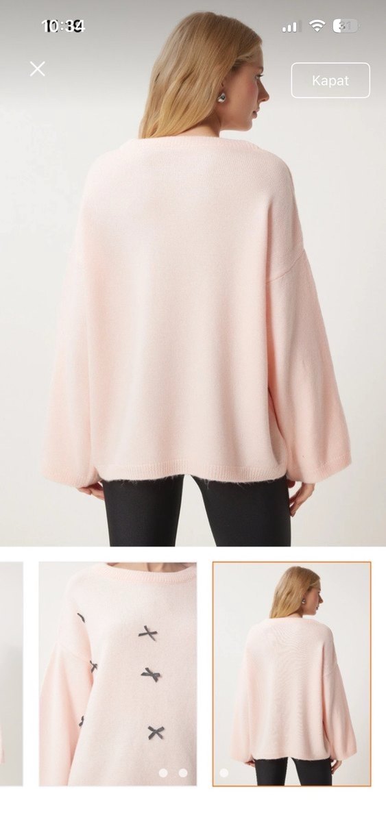 Kazak Pembe Nakışlı Salaş Kadın Triko Kazak - Görsel 3