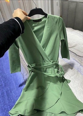 Yeşil yarım Kollu Elbise - Görsel 3