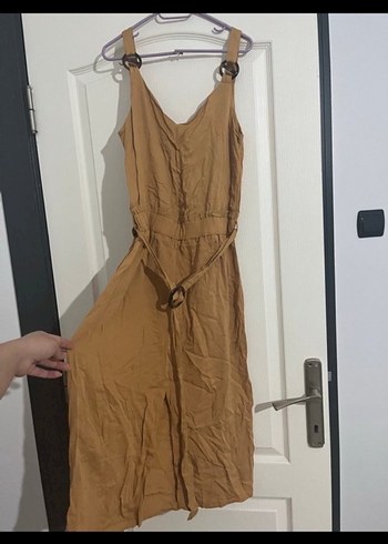 Bej Parlak Askılı Uzun Elbise - Görsel 5