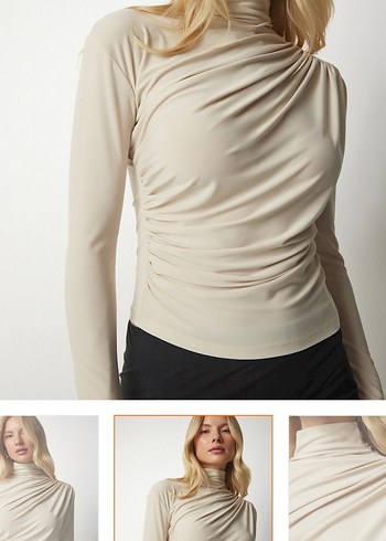 Drapeli Bej Kadın Bluz, Uzun Kollu, Yüksek Yaka - Görsel 2