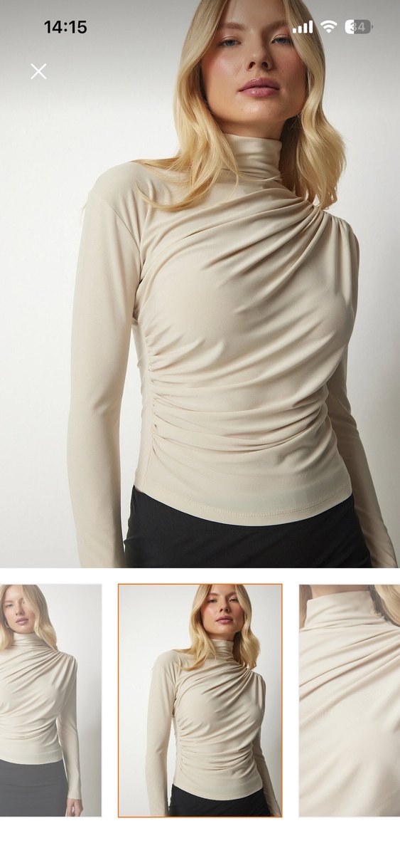 Drapeli Bej Kadın Bluz, Uzun Kollu, Yüksek Yaka - Görsel 2