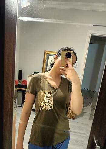 Kadın Haki V Yaka Salaş Tişört
