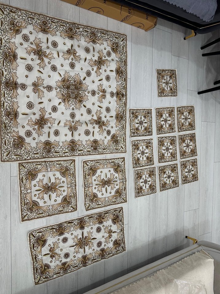 Bohem Nakışlı Kahverengi Masa Örtüsü Seti - Görsel 5