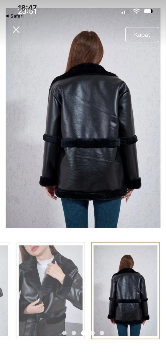 Siyah Kürklü Deri Kısa Kadın Ceket - Görsel 3