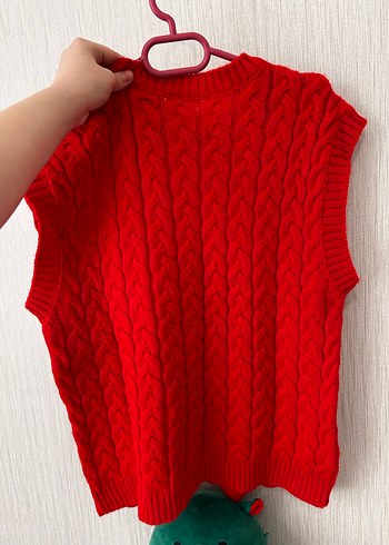Kırmızı Örgü Kolsuz Kadın Süveter - Görsel 2